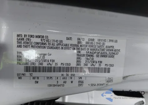 2013 Ford Focus Se from USA, damaged, VIN 1FADP3F22DL325637